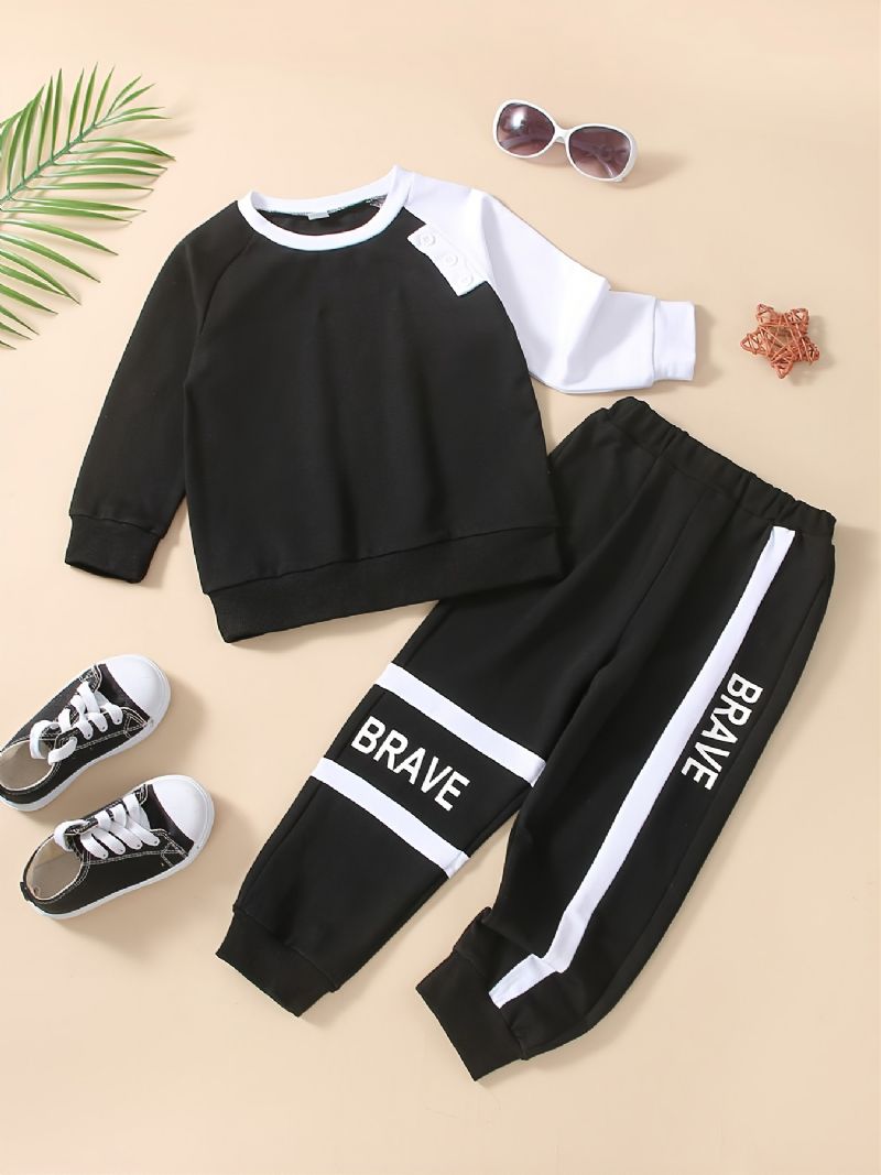 2 Stk Efterår & Vinter Drenge Casual Letter Print Patchwork Rundhals Sweatshirt Bukser