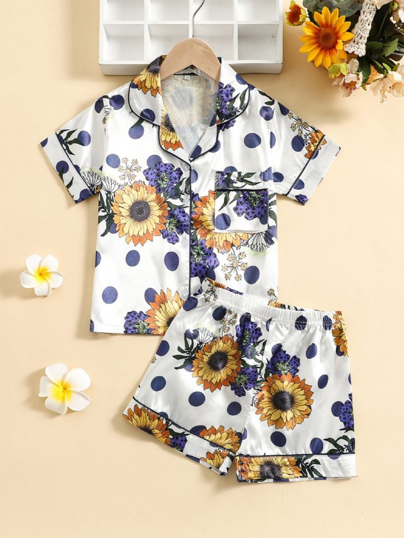 2 Stk Piger Solsikke Print Knap Front Top Korte Bukser Satin Loungewear