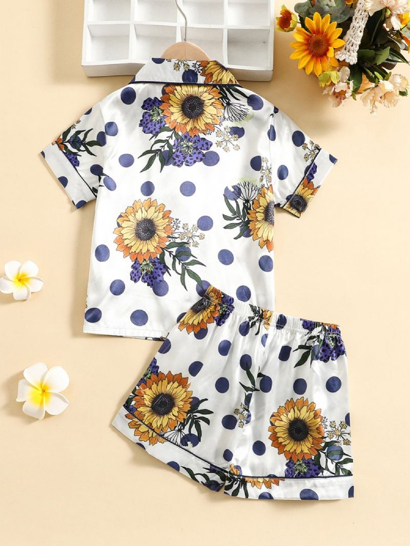 2 Stk Piger Solsikke Print Knap Front Top Korte Bukser Satin Loungewear