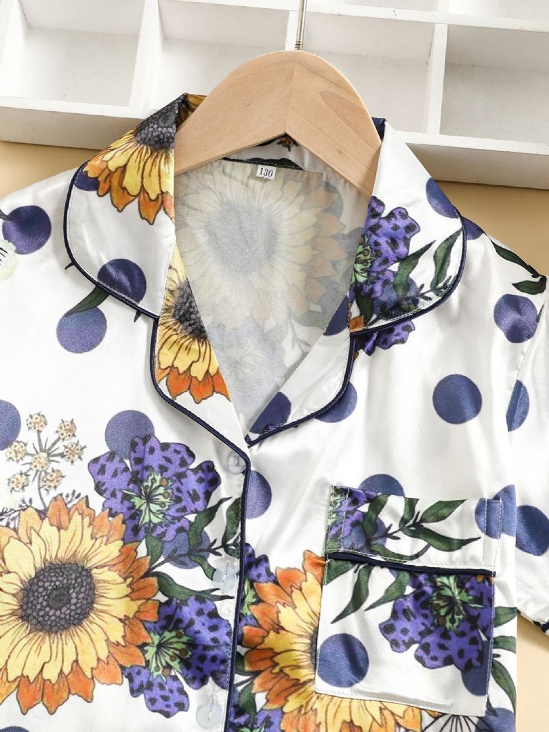 2 Stk Piger Solsikke Print Knap Front Top Korte Bukser Satin Loungewear