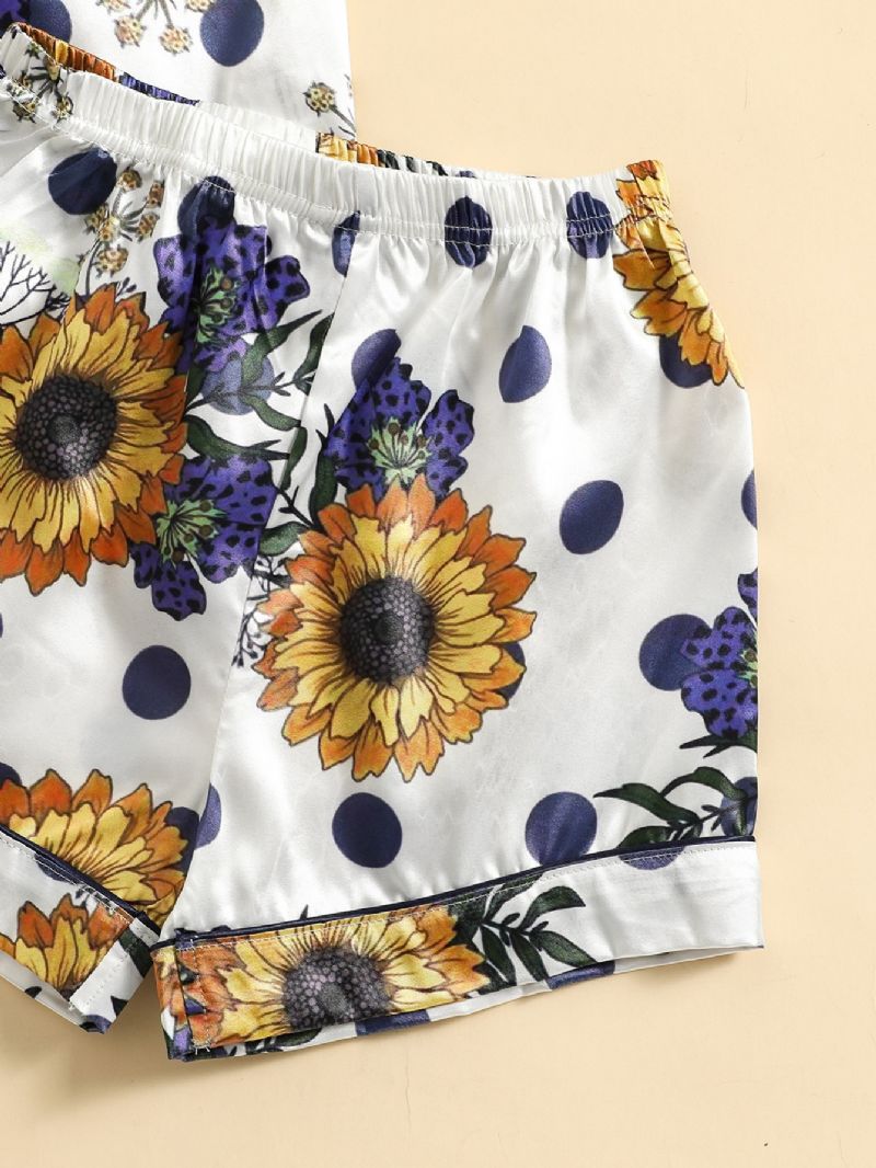 2 Stk Piger Solsikke Print Knap Front Top Korte Bukser Satin Loungewear