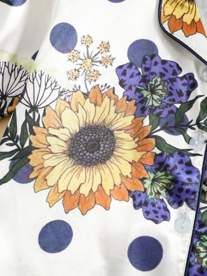 2 Stk Piger Solsikke Print Knap Front Top Korte Bukser Satin Loungewear