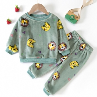 2 Stk Småbørn Drenge Tiger Print Pyjamas Suit Flanell Termooverdele & Bukser Til Vinter Derhjemme
