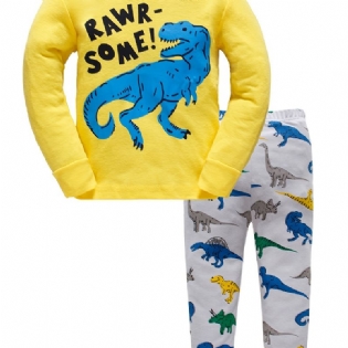 2 Stk Søde Drenge Pyjamas Sæt Med Tegneserie Dinosaur Print Langærmede Toppe Og Bukser Til Vinter