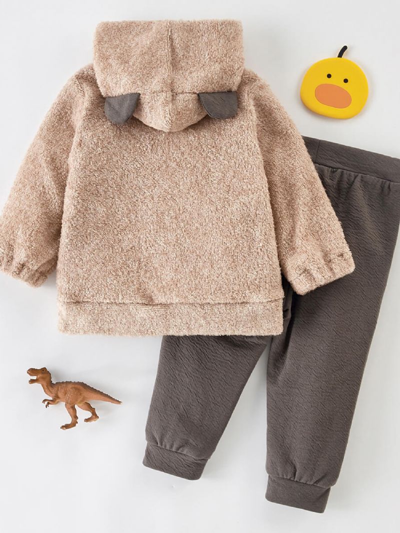 2 Stk. Toddler Drenge Bear Decor Ensfarvet Hættetrøje & Bukser
