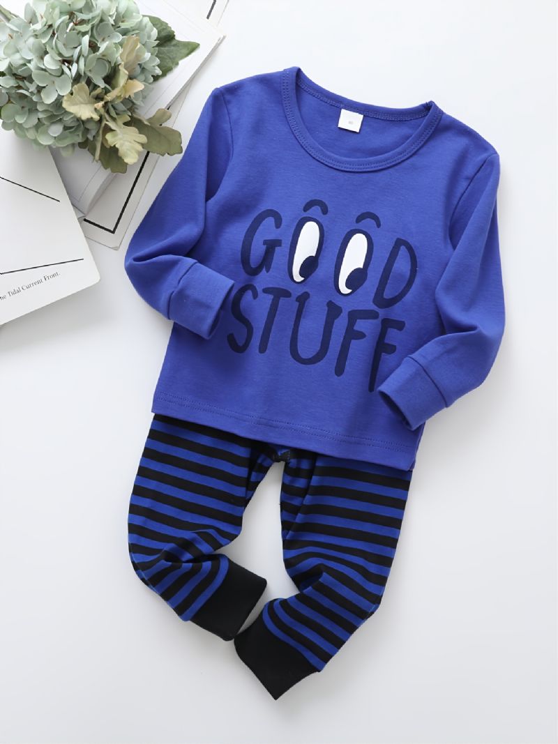 Baby Drenge Blå Good Ting Trykt Langærmet Top & Stribede Bukser Pyjamas Sæt