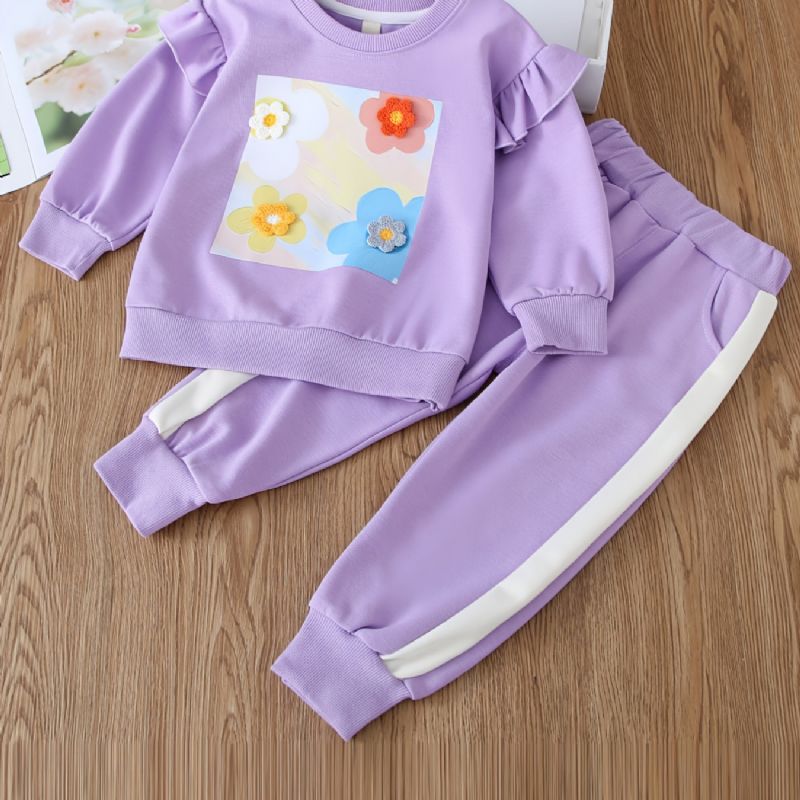 Baby Piger Casual Flower Print Langærmet Rund Hals Sweatshirt Bukser Sæt Efterår Vinter