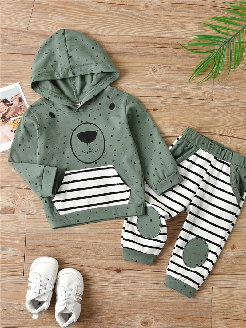 Baby Polka Dots Print Hættetrøje Langærmet Sweatshirt Og Stribet Buksesæt Drenge Piger