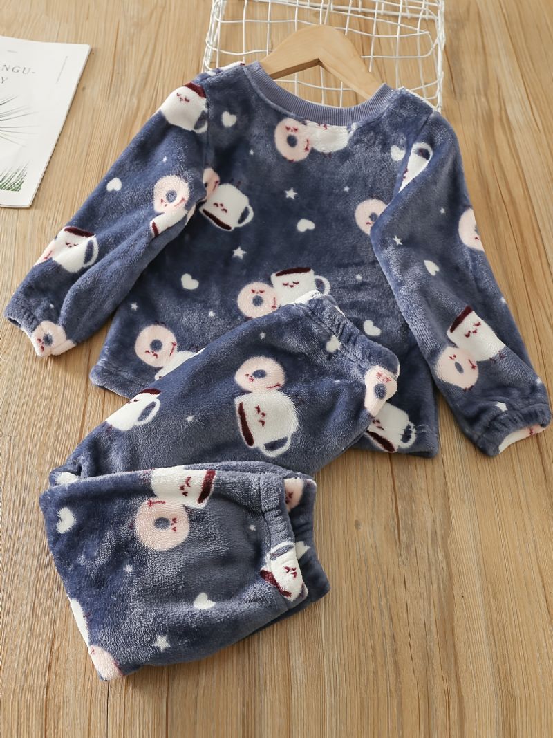 Babyflanel Pyjamas Familieoutfit Tegnefilm Donuts Print Rundhalset Langærmet Top & Bukser Sæt Til Drenge Piger Børnetøj