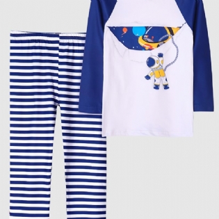 Børn Drenge Pyjamas Astronaut Print Rundhalset Langærmet Top & Stribe Bukser Sæt