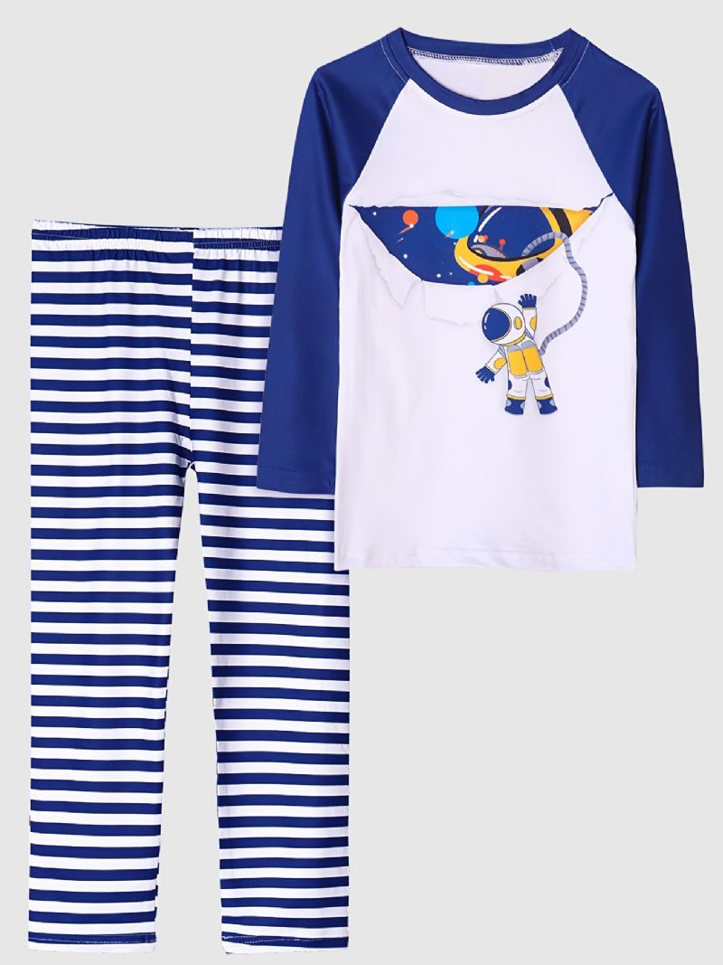 Børn Drenge Pyjamas Astronaut Print Rundhalset Langærmet Top & Stribe Bukser Sæt