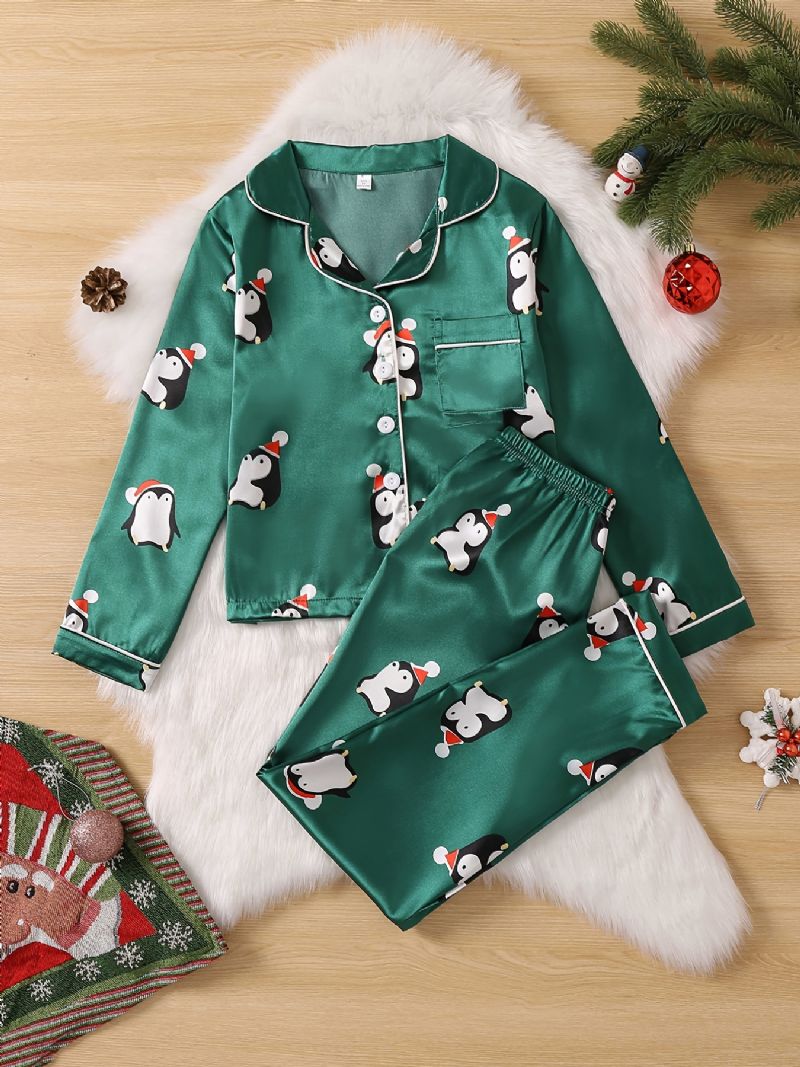 Børn Piger Drenge Pingvinmønster Satin Lounge Wear Hjemmetøj Langærmede Top & Matchende Buksesæt Børnetøj Pyjamassæt