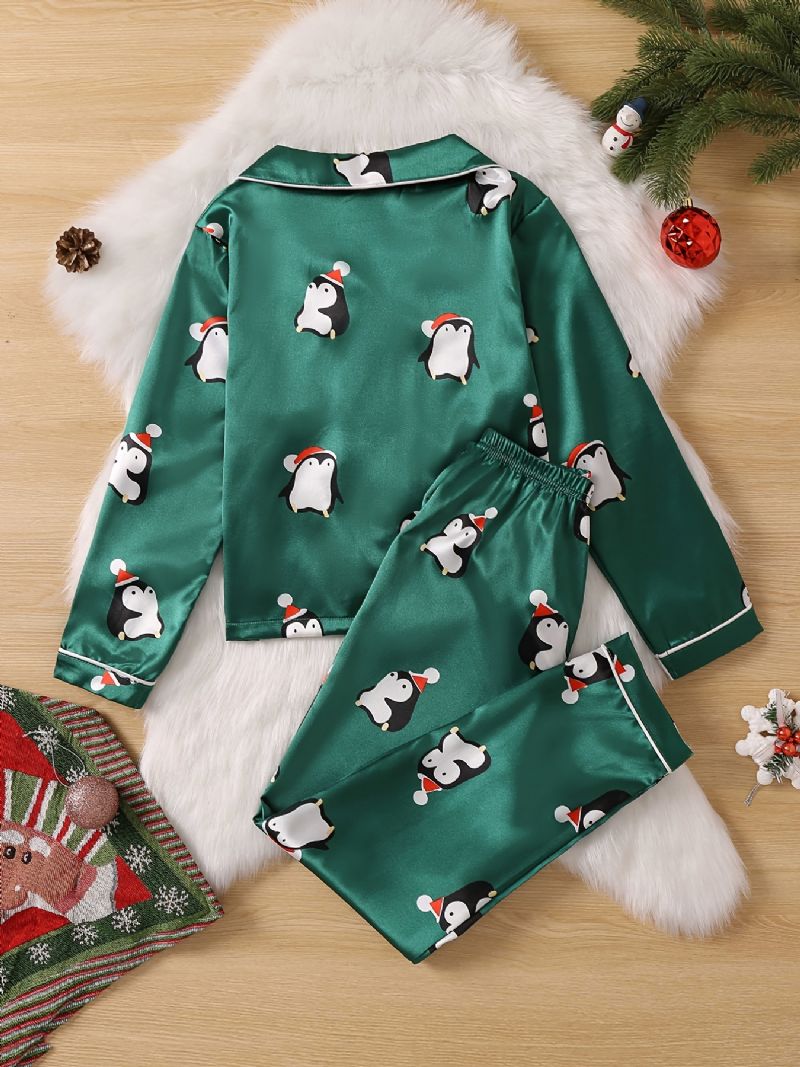 Børn Piger Drenge Pingvinmønster Satin Lounge Wear Hjemmetøj Langærmede Top & Matchende Buksesæt Børnetøj Pyjamassæt