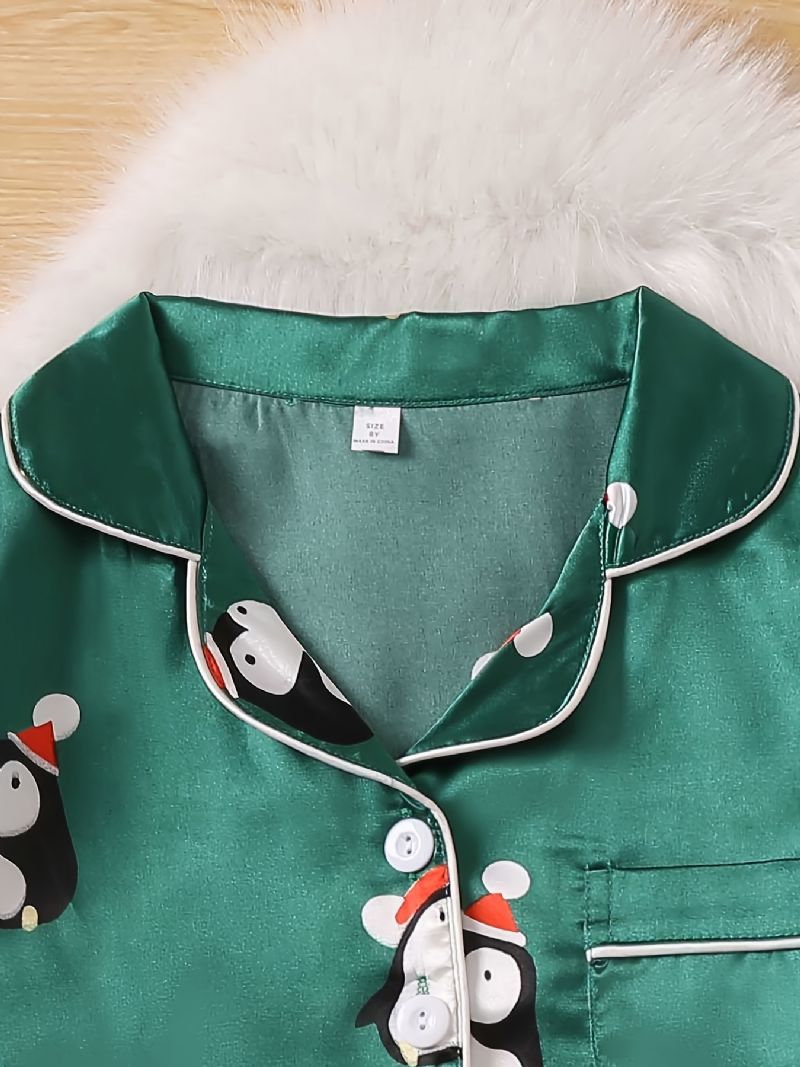 Børn Piger Drenge Pingvinmønster Satin Lounge Wear Hjemmetøj Langærmede Top & Matchende Buksesæt Børnetøj Pyjamassæt