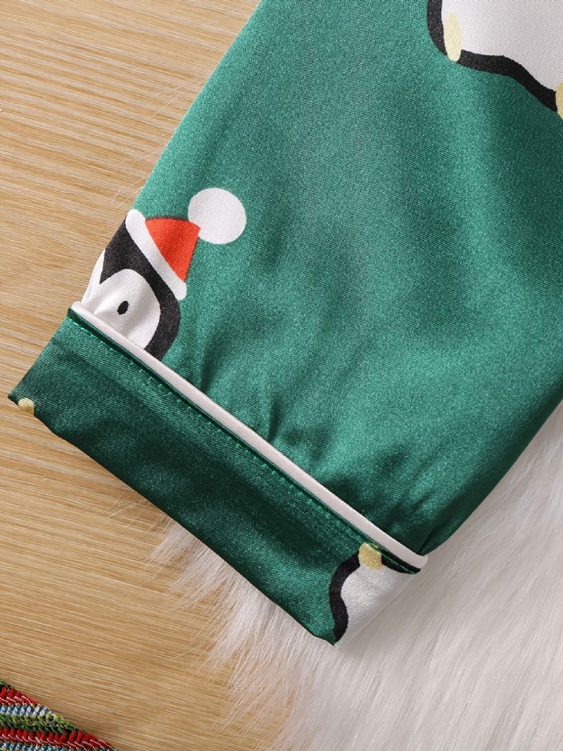 Børn Piger Drenge Pingvinmønster Satin Lounge Wear Hjemmetøj Langærmede Top & Matchende Buksesæt Børnetøj Pyjamassæt