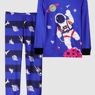 Drenge Afslappet Blå Tegneserie Pyjamassæt Med Astronauttryk Langærmet T-shirt Og Stribede Bukser