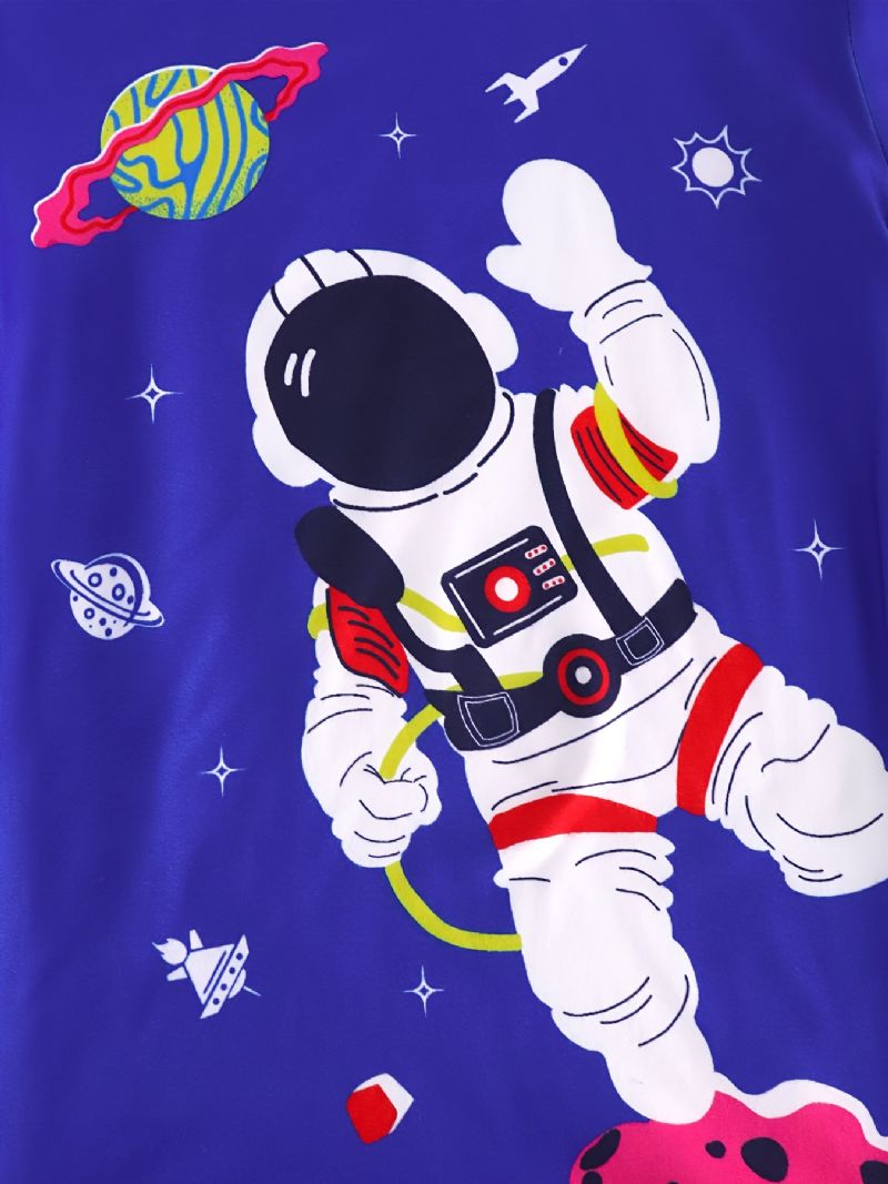 Drenge Afslappet Blå Tegneserie Pyjamassæt Med Astronauttryk Langærmet T-shirt Og Stribede Bukser