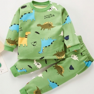 Drenge Casual Cartoon Pyjamas Sæt Med Dinosaur Print Top & Bukser Til Vinterhjem