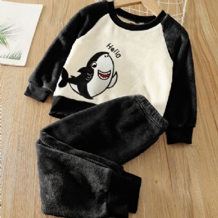 Drenge Fleece Color Block Shark Broderet Pullover Top + Ensfarvet Buksesæt Børnetøj Til Vinter