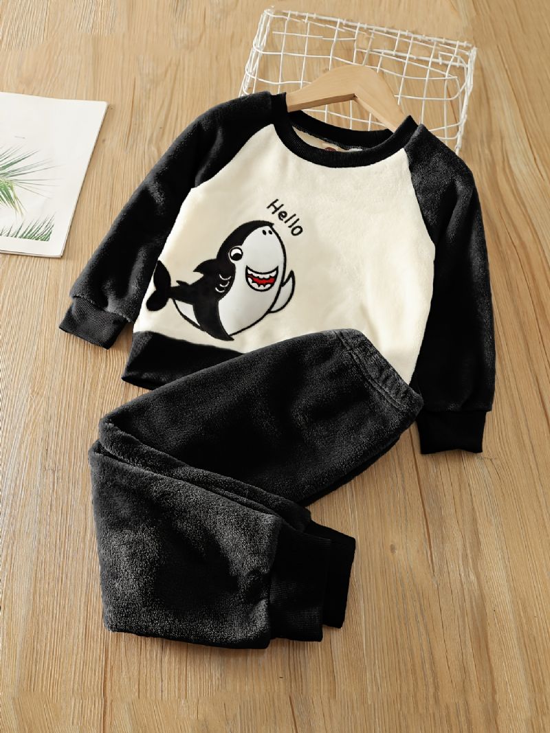 Drenge Fleece Color Block Shark Broderet Pullover Top + Ensfarvet Buksesæt Børnetøj Til Vinter