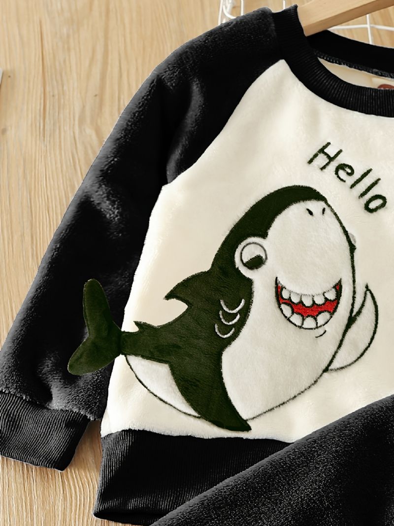 Drenge Fleece Color Block Shark Broderet Pullover Top + Ensfarvet Buksesæt Børnetøj Til Vinter