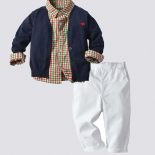 Drenge Forår Efterår Strikket Cardigan Langærmet Plaid Shirt Casual Pants Suit