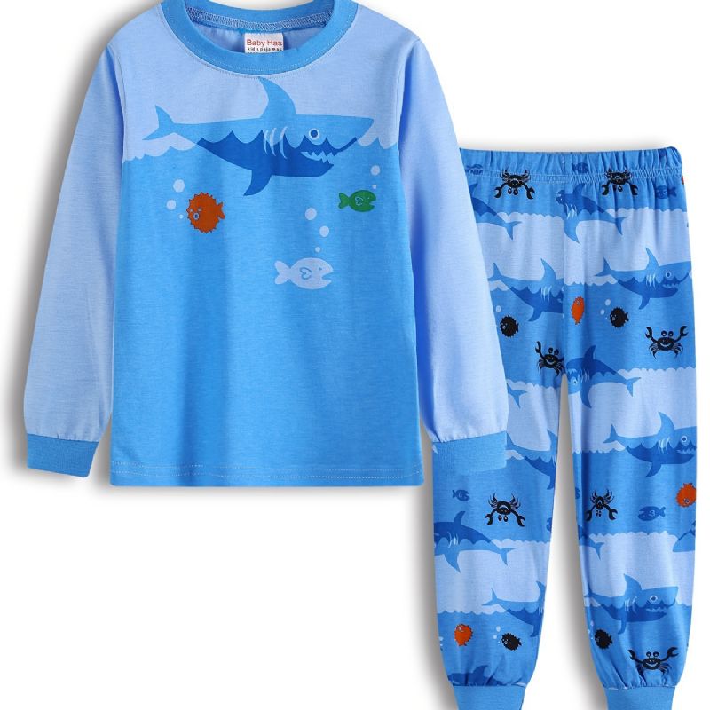Drenge Lounge Wear Homewear Langærmet Top Og Matchende Bukser Sæt Med Tegneserie Haj Print Børnetøj