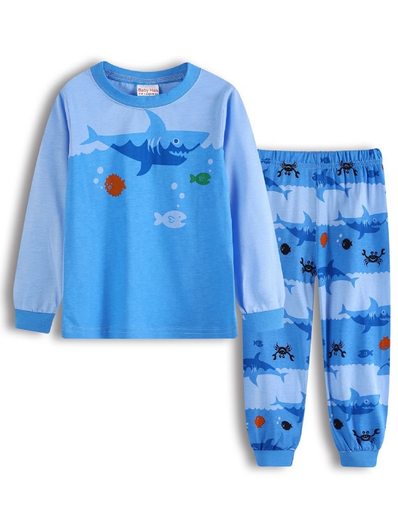 Drenge Lounge Wear Homewear Langærmet Top Og Matchende Bukser Sæt Med Tegneserie Haj Print Børnetøj