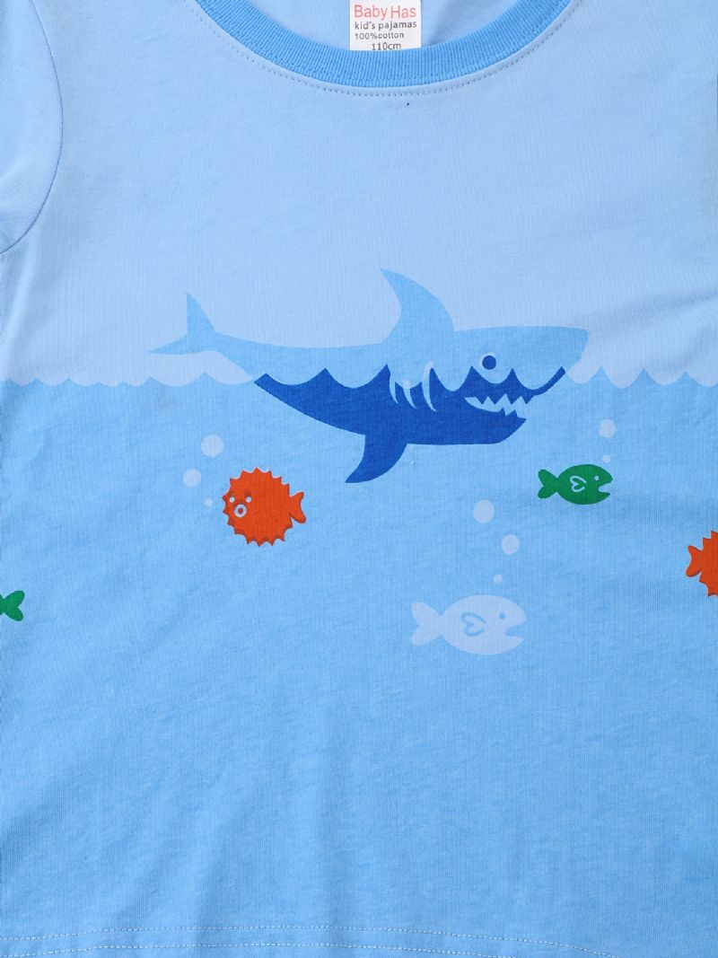 Drenge Lounge Wear Homewear Langærmet Top Og Matchende Bukser Sæt Med Tegneserie Haj Print Børnetøj