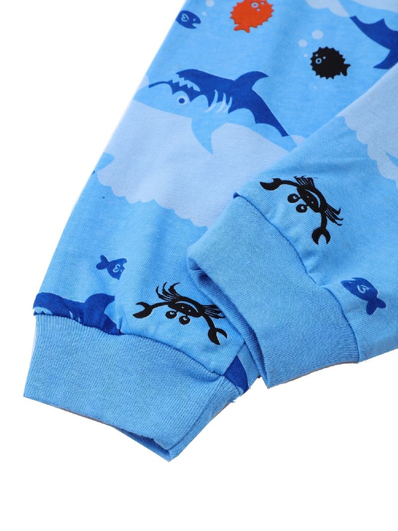 Drenge Lounge Wear Homewear Langærmet Top Og Matchende Bukser Sæt Med Tegneserie Haj Print Børnetøj