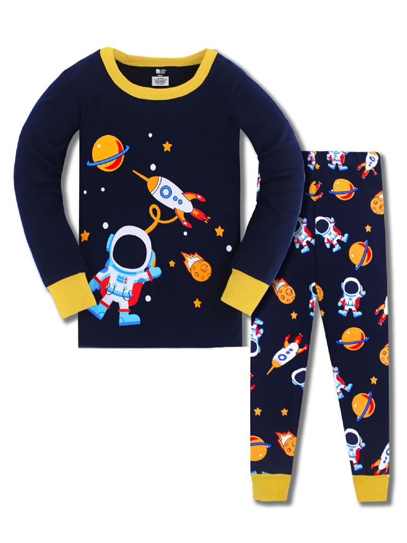 Drenge Pyjamas Familieoutfit Space Print Rundhalset Langærmet Top Og Buksesæt Børnetøj