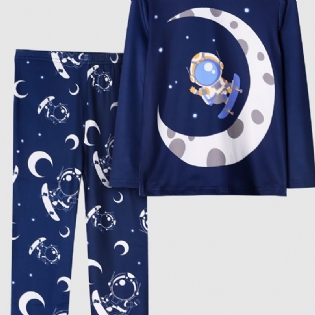 Drenge Pyjamas Moon Astronaut Print Rundhalset Langærmet Top & Bukser Sæt