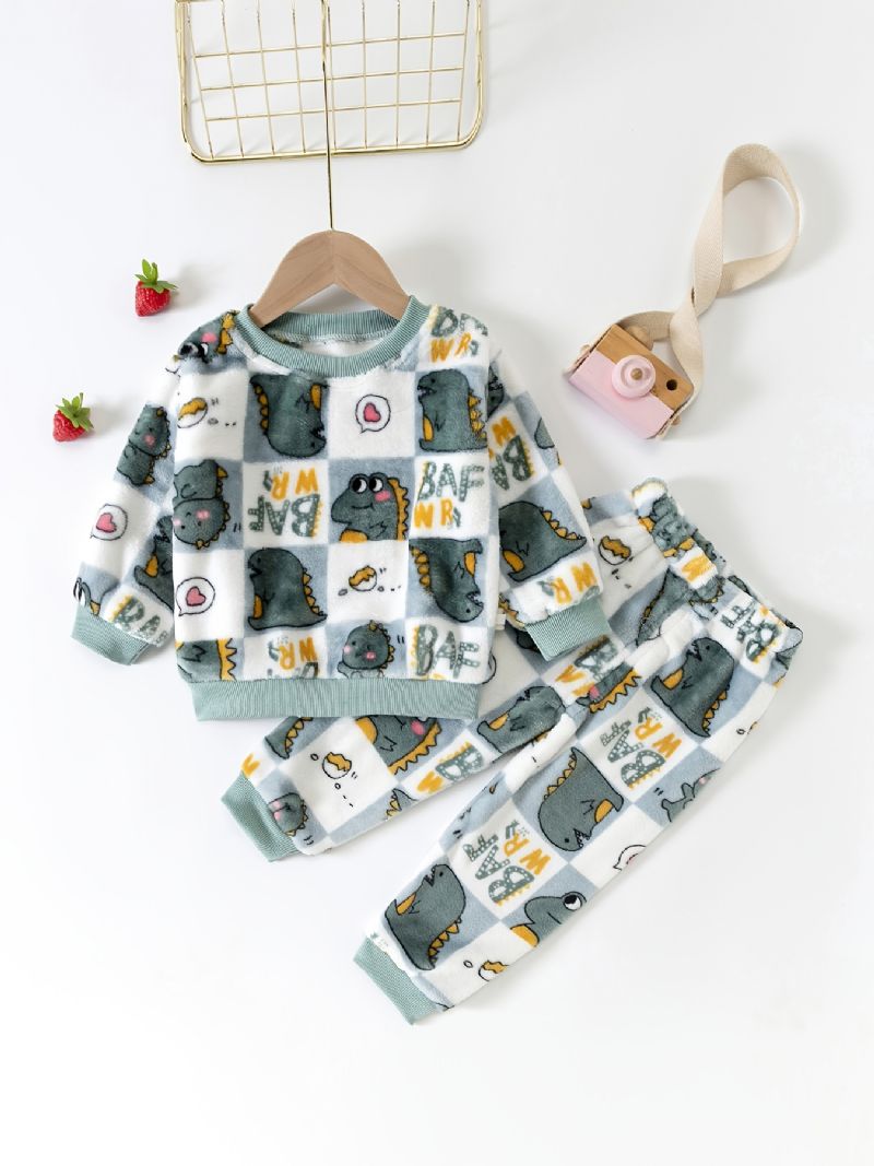 Flanell Pyjamas Til Børn Sød Dinosaurprint Med Rund Hals Og Langærmet Top Og Bukser Børnetøjssæt Til Drenge Piger