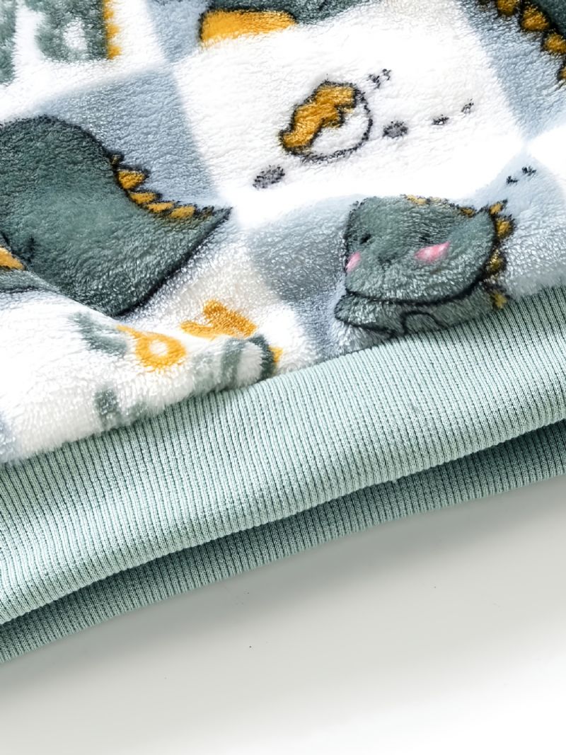 Flanell Pyjamas Til Børn Sød Dinosaurprint Med Rund Hals Og Langærmet Top Og Bukser Børnetøjssæt Til Drenge Piger