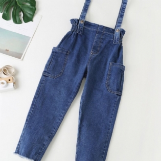 Piger Casual Solid Vintage Suspender Denimbukser Med Lomme