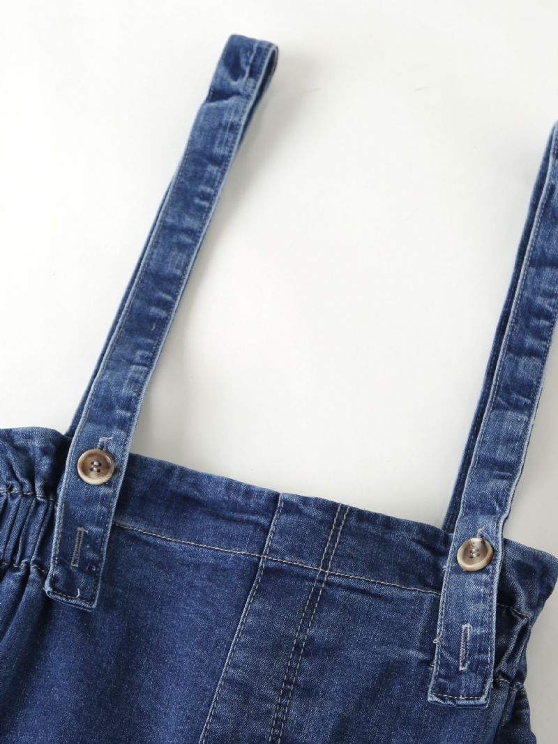 Piger Casual Solid Vintage Suspender Denimbukser Med Lomme