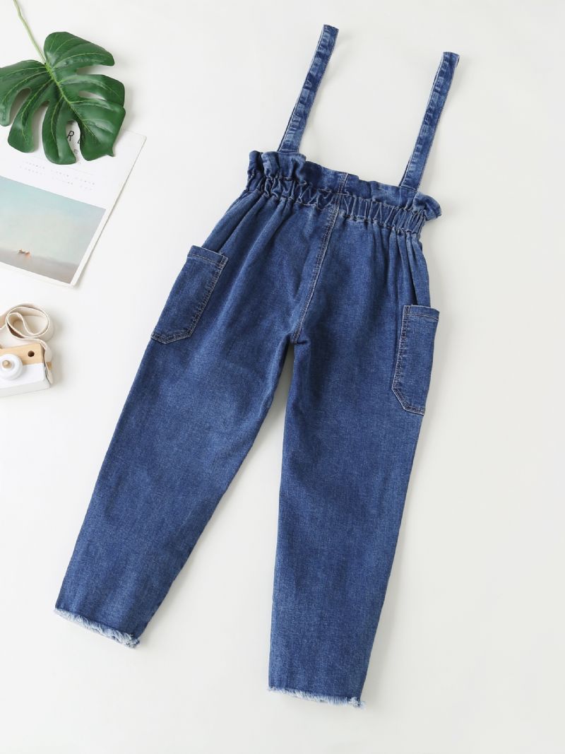 Piger Casual Solid Vintage Suspender Denimbukser Med Lomme