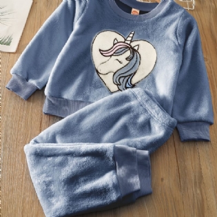 Piger Fleece Unicorn Pullover Top + Bukser Sæt Børnetøj