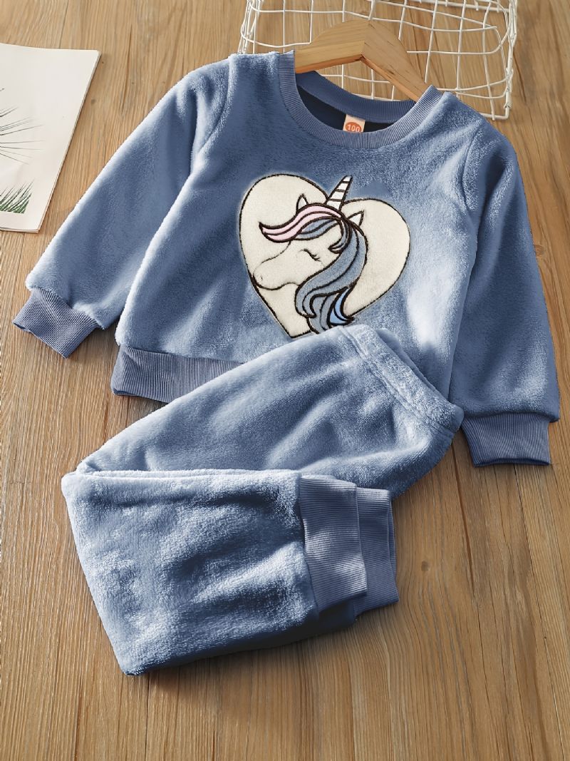 Piger Fleece Unicorn Pullover Top + Bukser Sæt Børnetøj