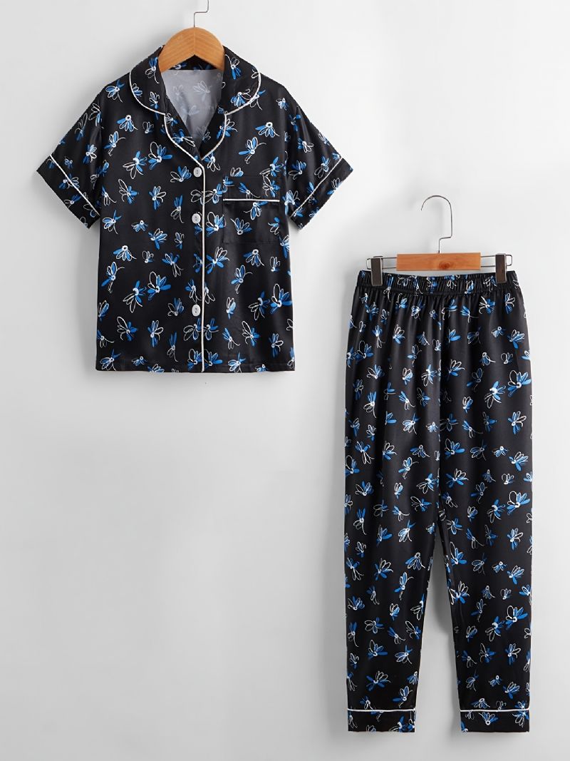 Piger Satin Lounge Wear Homewear Kortærmet Top & Matchende Bukser Sæt