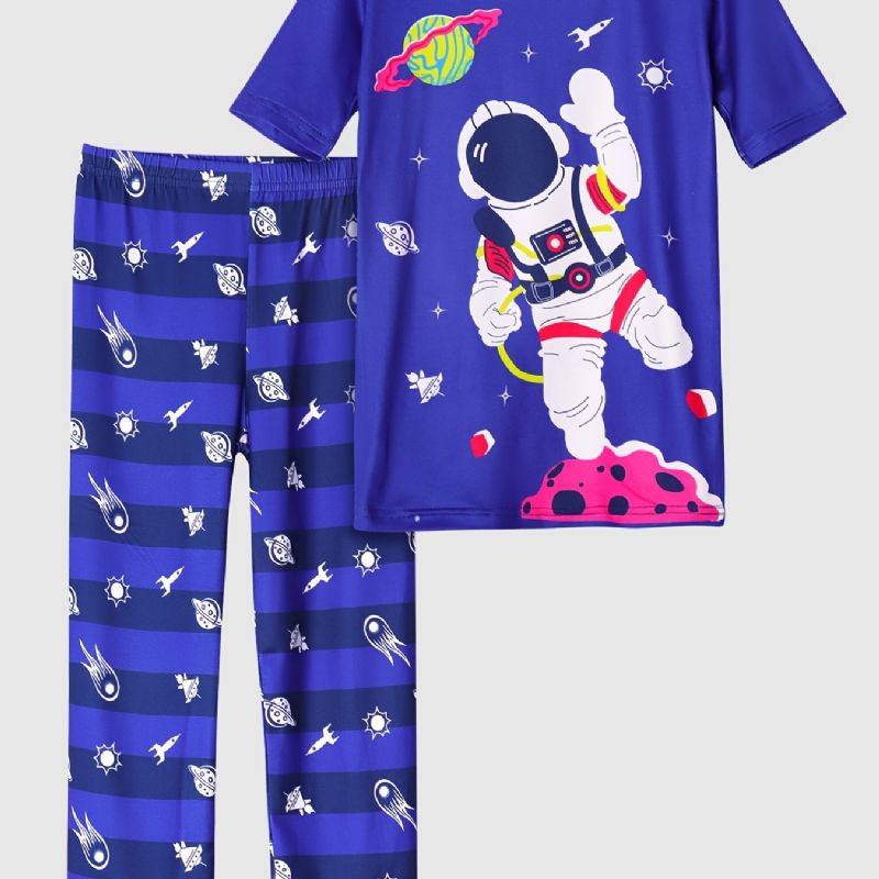 Pyjamas Til Børn Drenge Blå Astronaut Print Rundhalset Kortærmet Top & Bukser Børnetøj Sæt