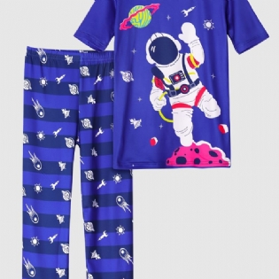 Pyjamas Til Børn Drenge Blå Astronaut Print Rundhalset Kortærmet Top & Bukser Børnetøj Sæt