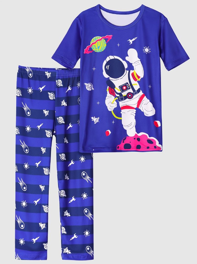 Pyjamas Til Børn Drenge Blå Astronaut Print Rundhalset Kortærmet Top & Bukser Børnetøj Sæt