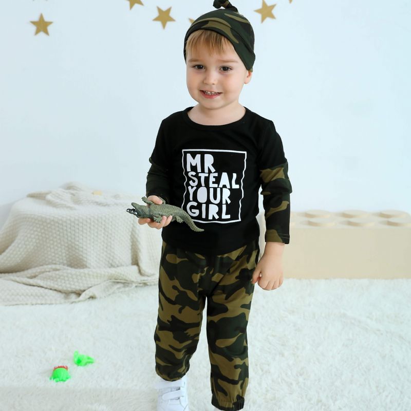 Småbørn Baby Drenge Outfits Langærmede Rundhals Camo Alfabet Print Skjorte & Jogger Bukser Med Snøre