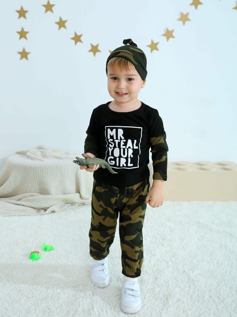 Småbørn Baby Drenge Outfits Langærmede Rundhals Camo Alfabet Print Skjorte & Jogger Bukser Med Snøre