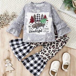 Småbørnspiger Juletrykt Langærmet Sweatshirt & Leopardprintede Flare Bukser