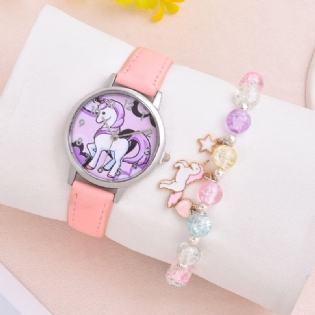 2 Stk Piger Unicorn Student Quartz Ur & Armbånd Sæt Børnegave