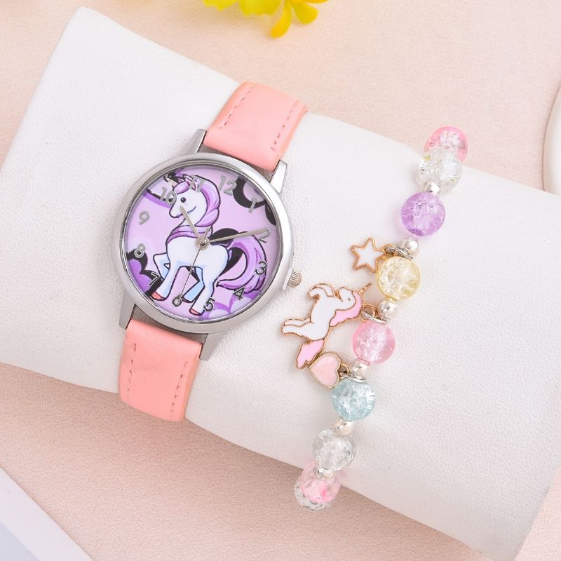 2 Stk Piger Unicorn Student Quartz Ur & Armbånd Sæt Børnegave