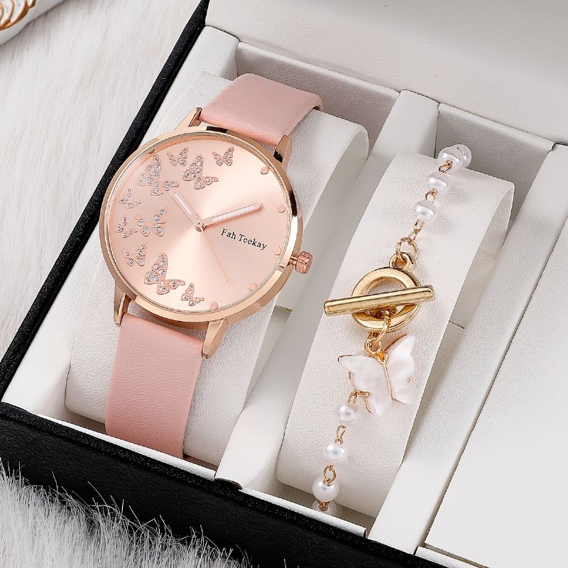 Børnepiger Quartz Watch & Butterfly Pendant Armbånd Børnegave