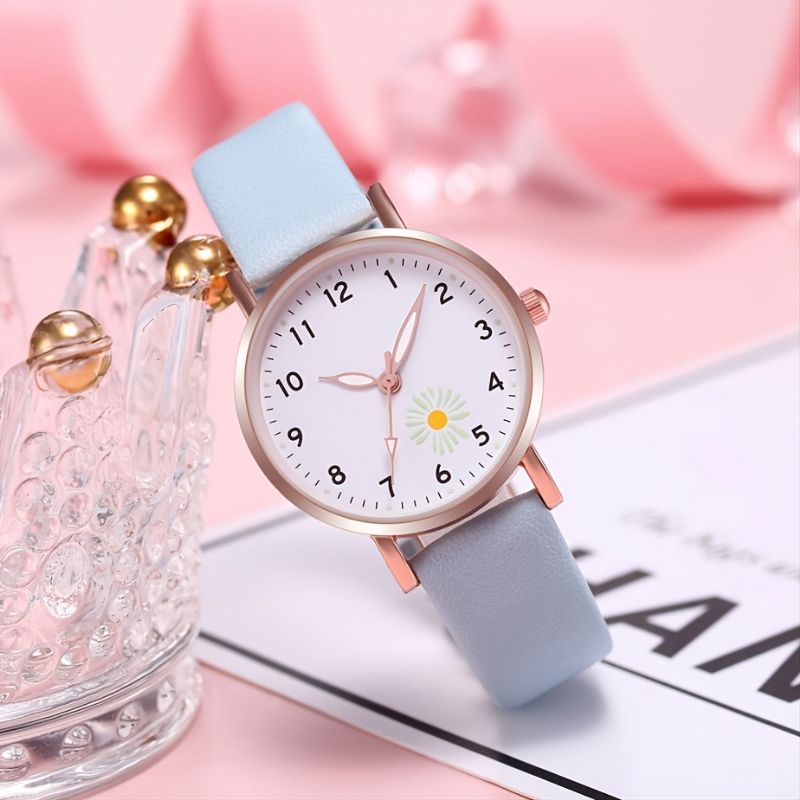 Lysende Daisy Børnemode Læderarmbånd Kvartsur Fancy Dameure Smykker Sofistikeret Stilfuldt Dameur